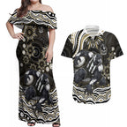 Personalized Collingwood Magpies Football Couples Matching Off Shoulder Maxi Dress and Hawaiian Shirt Aboriginal Dot Art - Dreamtime Football Mascot