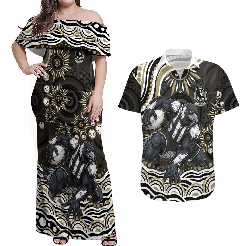 Personalized Collingwood Magpies Football Couples Matching Off Shoulder Maxi Dress and Hawaiian Shirt Aboriginal Dot Art - Dreamtime Football Mascot