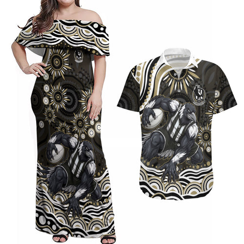 Personalized Collingwood Magpies Football Couples Matching Off Shoulder Maxi Dress and Hawaiian Shirt Aboriginal Dot Art - Dreamtime Football Mascot