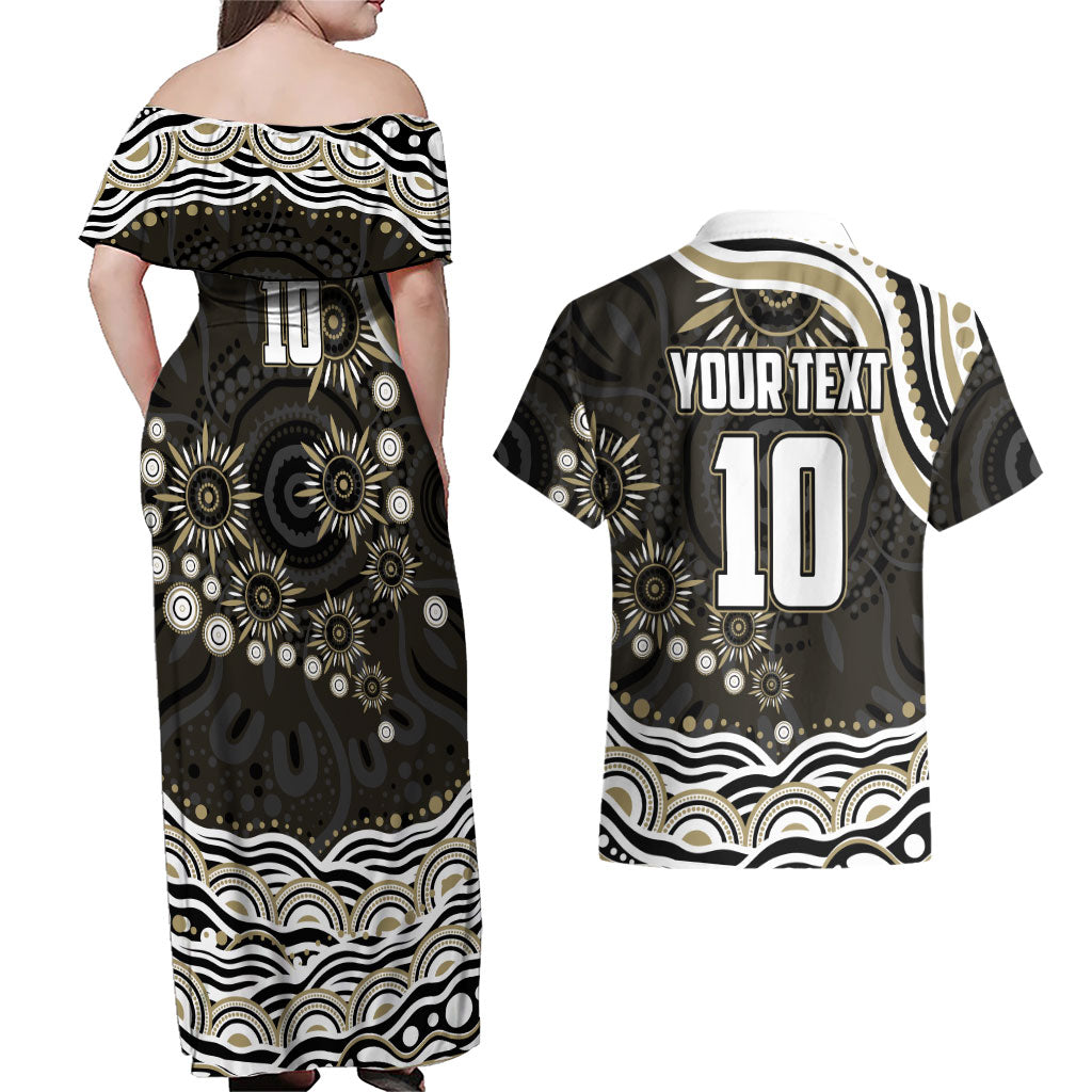 Personalized Collingwood Magpies Football Couples Matching Off Shoulder Maxi Dress and Hawaiian Shirt Aboriginal Dot Art - Dreamtime Football Mascot