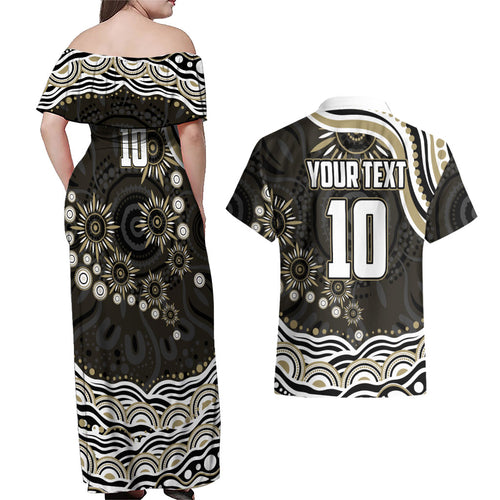 Personalized Collingwood Magpies Football Couples Matching Off Shoulder Maxi Dress and Hawaiian Shirt Aboriginal Dot Art - Dreamtime Football Mascot