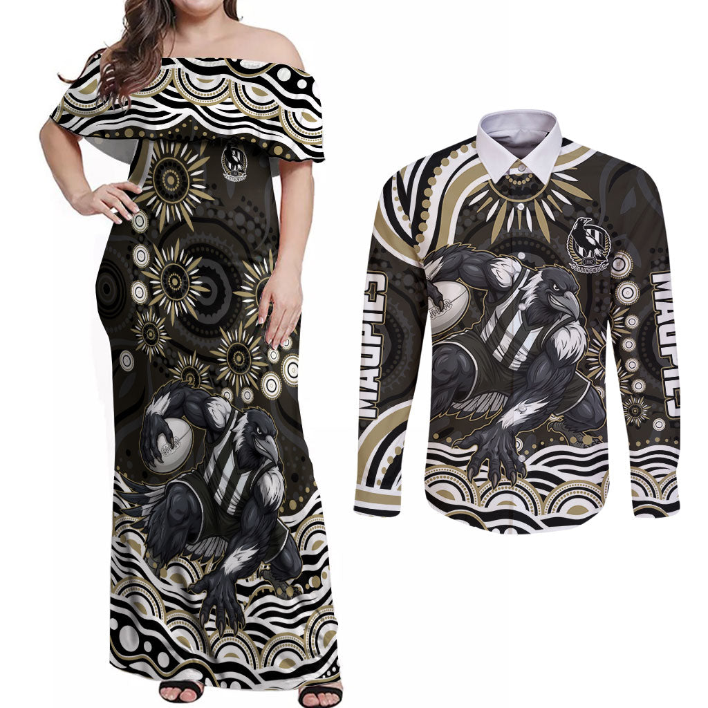 Personalized Collingwood Magpies Football Couples Matching Off Shoulder Maxi Dress and Long Sleeve Button Shirt Aboriginal Dot Art - Dreamtime Football Mascot