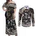 Personalized Collingwood Magpies Football Couples Matching Off Shoulder Maxi Dress and Long Sleeve Button Shirt Aboriginal Dot Art - Dreamtime Football Mascot
