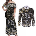 Personalized Collingwood Magpies Football Couples Matching Off Shoulder Maxi Dress and Long Sleeve Button Shirt Aboriginal Dot Art - Dreamtime Football Mascot