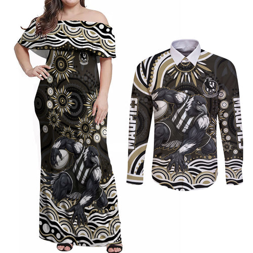 Personalized Collingwood Magpies Football Couples Matching Off Shoulder Maxi Dress and Long Sleeve Button Shirt Aboriginal Dot Art - Dreamtime Football Mascot