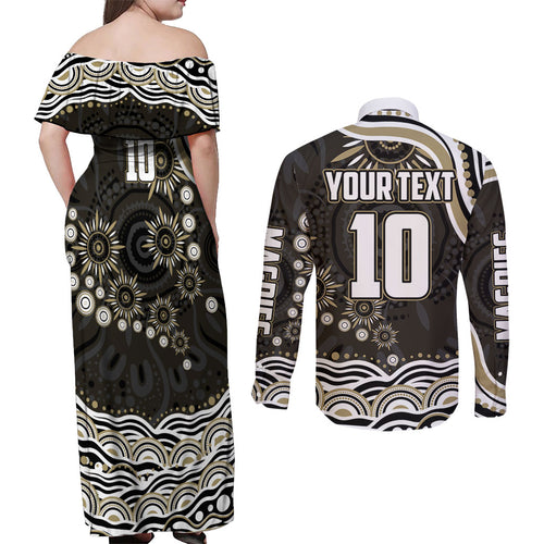 Personalized Collingwood Magpies Football Couples Matching Off Shoulder Maxi Dress and Long Sleeve Button Shirt Aboriginal Dot Art - Dreamtime Football Mascot