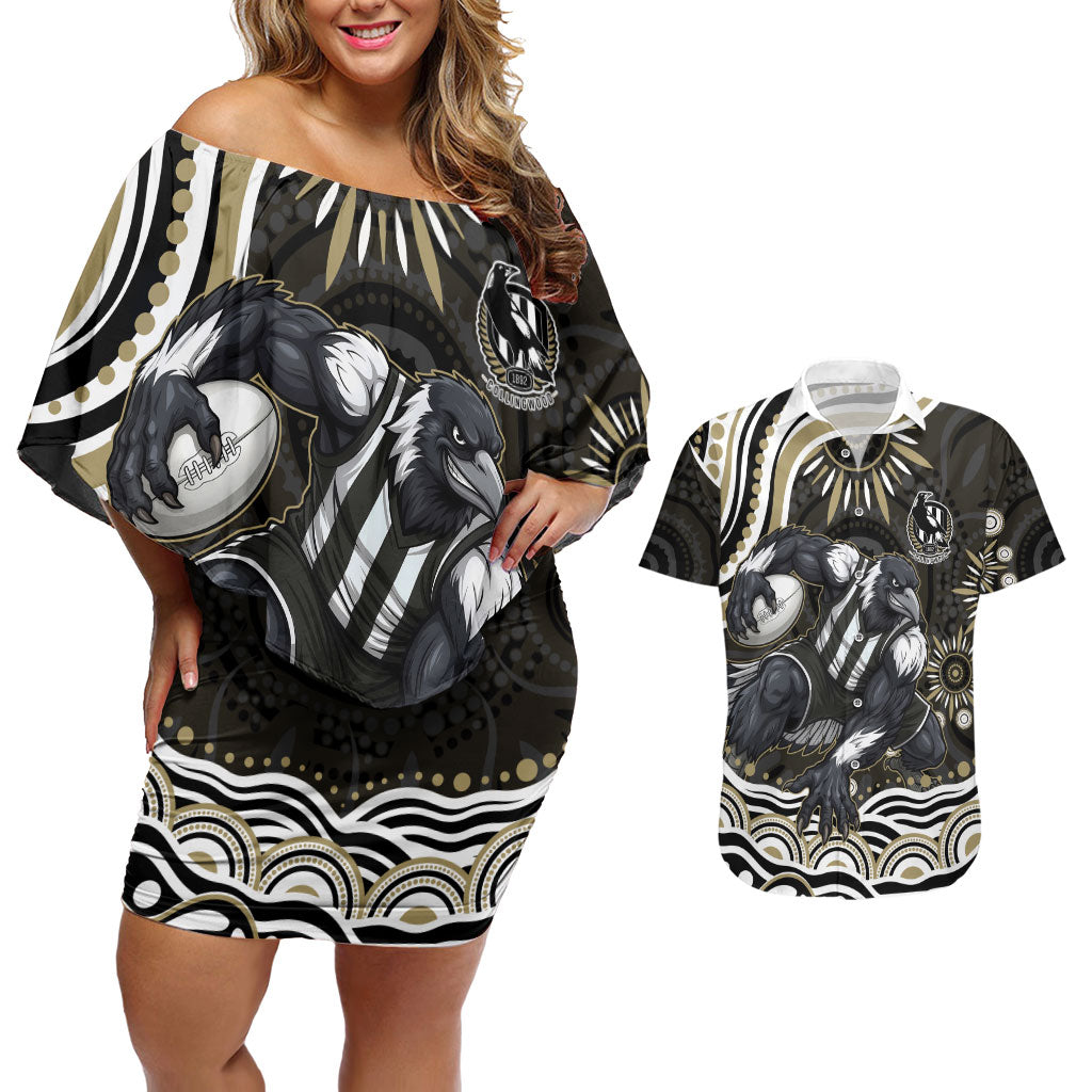Personalized Collingwood Magpies Football Couples Matching Off Shoulder Short Dress and Hawaiian Shirt Aboriginal Dot Art - Dreamtime Football Mascot