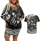 Personalized Collingwood Magpies Football Couples Matching Off Shoulder Short Dress and Hawaiian Shirt Aboriginal Dot Art - Dreamtime Football Mascot