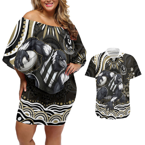 Personalized Collingwood Magpies Football Couples Matching Off Shoulder Short Dress and Hawaiian Shirt Aboriginal Dot Art - Dreamtime Football Mascot