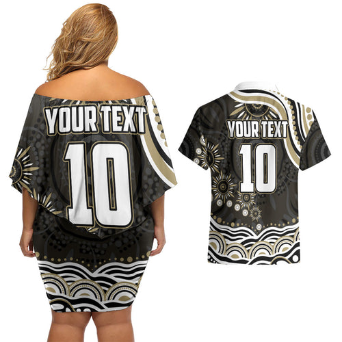 Personalized Collingwood Magpies Football Couples Matching Off Shoulder Short Dress and Hawaiian Shirt Aboriginal Dot Art - Dreamtime Football Mascot