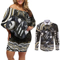 Personalized Collingwood Magpies Football Couples Matching Off Shoulder Short Dress and Long Sleeve Button Shirt Aboriginal Dot Art - Dreamtime Football Mascot