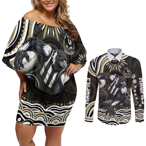 Personalized Collingwood Magpies Football Couples Matching Off Shoulder Short Dress and Long Sleeve Button Shirt Aboriginal Dot Art - Dreamtime Football Mascot