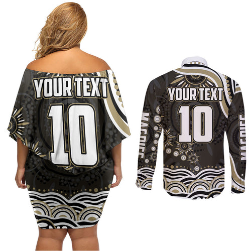 Personalized Collingwood Magpies Football Couples Matching Off Shoulder Short Dress and Long Sleeve Button Shirt Aboriginal Dot Art - Dreamtime Football Mascot