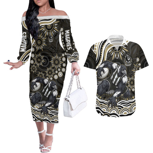 Personalized Collingwood Magpies Football Couples Matching Off The Shoulder Long Sleeve Dress and Hawaiian Shirt Aboriginal Dot Art - Dreamtime Football Mascot