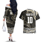 Personalized Collingwood Magpies Football Couples Matching Off The Shoulder Long Sleeve Dress and Hawaiian Shirt Aboriginal Dot Art - Dreamtime Football Mascot