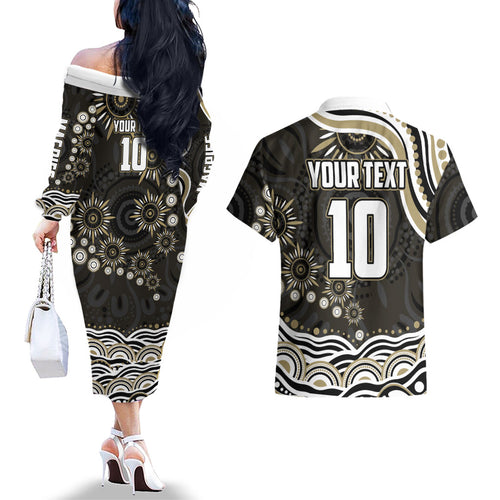 Personalized Collingwood Magpies Football Couples Matching Off The Shoulder Long Sleeve Dress and Hawaiian Shirt Aboriginal Dot Art - Dreamtime Football Mascot