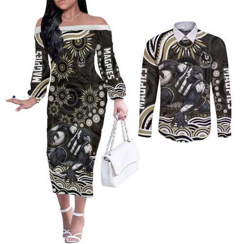 Personalized Collingwood Magpies Football Couples Matching Off The Shoulder Long Sleeve Dress and Long Sleeve Button Shirt Aboriginal Dot Art - Dreamtime Football Mascot