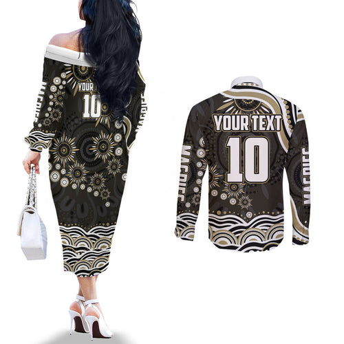 Personalized Collingwood Magpies Football Couples Matching Off The Shoulder Long Sleeve Dress and Long Sleeve Button Shirt Aboriginal Dot Art - Dreamtime Football Mascot