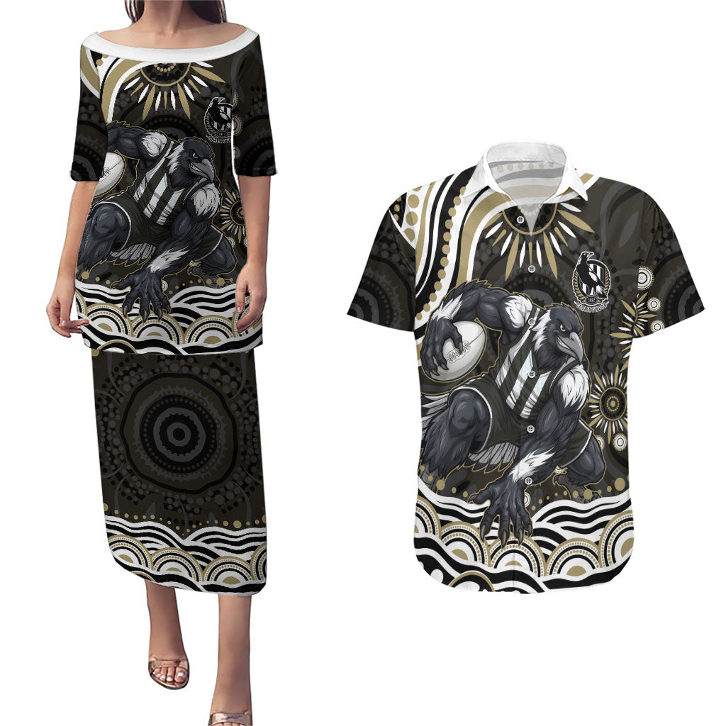 Personalized Collingwood Magpies Football Couples Matching Puletasi and Hawaiian Shirt Aboriginal Dot Art - Dreamtime Football Mascot