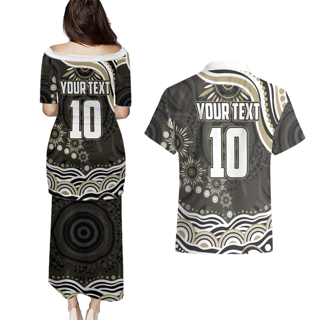 Personalized Collingwood Magpies Football Couples Matching Puletasi and Hawaiian Shirt Aboriginal Dot Art - Dreamtime Football Mascot