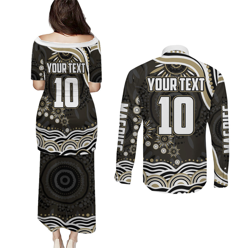 Personalized Collingwood Magpies Football Couples Matching Puletasi and Long Sleeve Button Shirt Aboriginal Dot Art - Dreamtime Football Mascot
