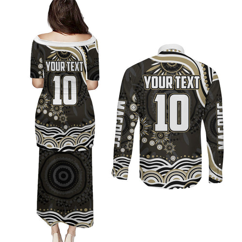Personalized Collingwood Magpies Football Couples Matching Puletasi and Long Sleeve Button Shirt Aboriginal Dot Art - Dreamtime Football Mascot