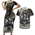 Personalized Collingwood Magpies Football Couples Matching Short Sleeve Bodycon Dress and Hawaiian Shirt Aboriginal Dot Art - Dreamtime Football Mascot