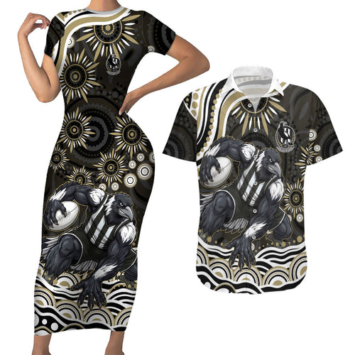 Personalized Collingwood Magpies Football Couples Matching Short Sleeve Bodycon Dress and Hawaiian Shirt Aboriginal Dot Art - Dreamtime Football Mascot