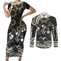 Personalized Collingwood Magpies Football Couples Matching Short Sleeve Bodycon Dress and Long Sleeve Button Shirt Aboriginal Dot Art - Dreamtime Football Mascot