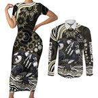 Personalized Collingwood Magpies Football Couples Matching Short Sleeve Bodycon Dress and Long Sleeve Button Shirt Aboriginal Dot Art - Dreamtime Football Mascot