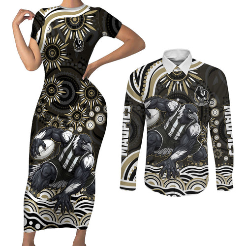 Personalized Collingwood Magpies Football Couples Matching Short Sleeve Bodycon Dress and Long Sleeve Button Shirt Aboriginal Dot Art - Dreamtime Football Mascot