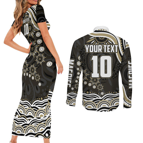 Personalized Collingwood Magpies Football Couples Matching Short Sleeve Bodycon Dress and Long Sleeve Button Shirt Aboriginal Dot Art - Dreamtime Football Mascot