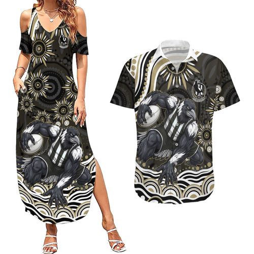 Personalized Collingwood Magpies Football Couples Matching Summer Maxi Dress and Hawaiian Shirt Aboriginal Dot Art - Dreamtime Football Mascot