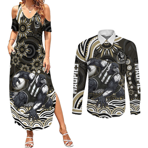 Personalized Collingwood Magpies Football Couples Matching Summer Maxi Dress and Long Sleeve Button Shirt Aboriginal Dot Art - Dreamtime Football Mascot