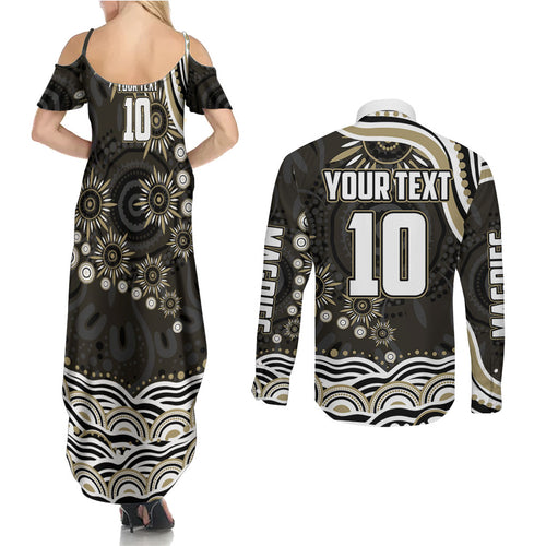 Personalized Collingwood Magpies Football Couples Matching Summer Maxi Dress and Long Sleeve Button Shirt Aboriginal Dot Art - Dreamtime Football Mascot