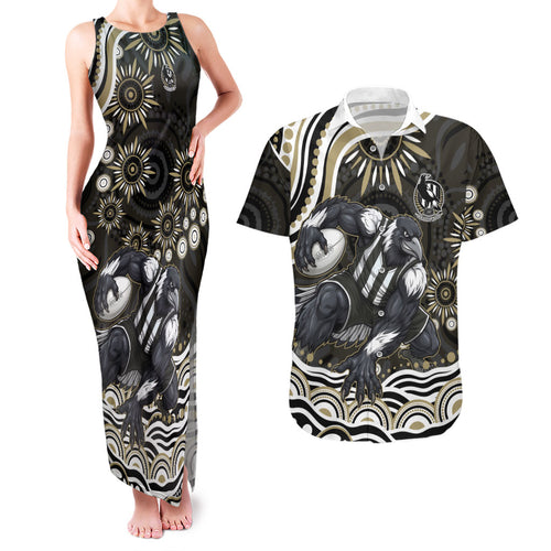 Personalized Collingwood Magpies Football Couples Matching Tank Maxi Dress and Hawaiian Shirt Aboriginal Dot Art - Dreamtime Football Mascot