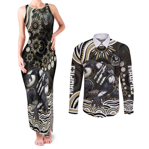 Personalized Collingwood Magpies Football Couples Matching Tank Maxi Dress and Long Sleeve Button Shirt Aboriginal Dot Art - Dreamtime Football Mascot