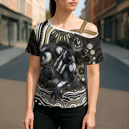 Personalized Collingwood Magpies Football Cross Shoulder Shirt Aboriginal Dot Art - Dreamtime Football Mascot