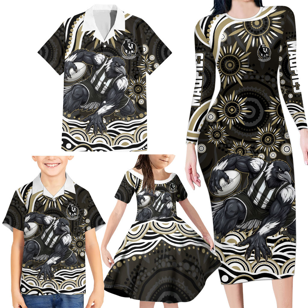 Personalized Collingwood Magpies Football Family Matching Long Sleeve Bodycon Dress and Hawaiian Shirt Aboriginal Dot Art - Dreamtime Football Mascot