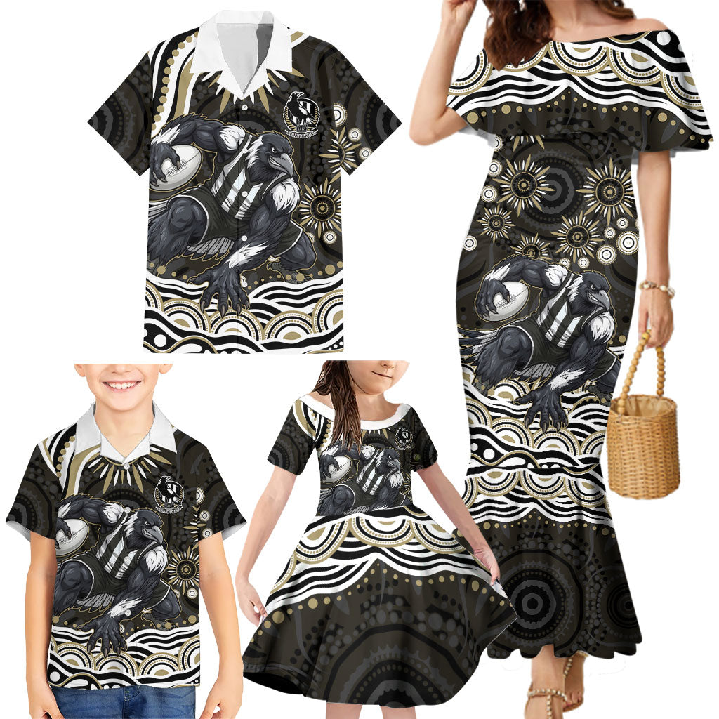 Personalized Collingwood Magpies Football Family Matching Mermaid Dress and Hawaiian Shirt Aboriginal Dot Art - Dreamtime Football Mascot