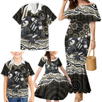 Personalized Collingwood Magpies Football Family Matching Mermaid Dress and Hawaiian Shirt Aboriginal Dot Art - Dreamtime Football Mascot