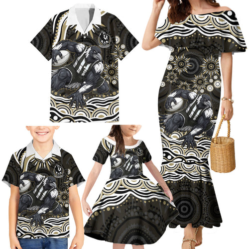 Personalized Collingwood Magpies Football Family Matching Mermaid Dress and Hawaiian Shirt Aboriginal Dot Art - Dreamtime Football Mascot