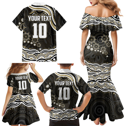 Personalized Collingwood Magpies Football Family Matching Mermaid Dress and Hawaiian Shirt Aboriginal Dot Art - Dreamtime Football Mascot