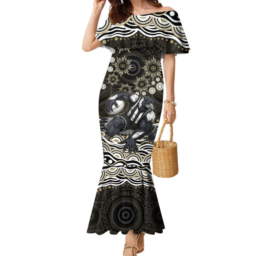 Personalized Collingwood Magpies Football Family Matching Mermaid Dress and Hawaiian Shirt Aboriginal Dot Art - Dreamtime Football Mascot