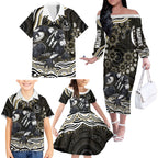 Personalized Collingwood Magpies Football Family Matching Off The Shoulder Long Sleeve Dress and Hawaiian Shirt Aboriginal Dot Art - Dreamtime Football Mascot