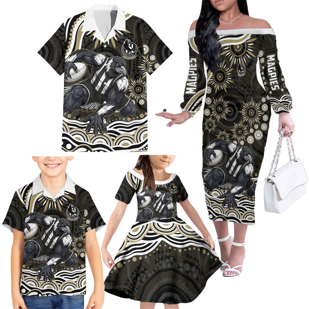 Personalized Collingwood Magpies Football Family Matching Off The Shoulder Long Sleeve Dress and Hawaiian Shirt Aboriginal Dot Art - Dreamtime Football Mascot