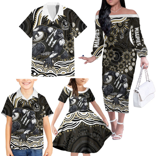 Personalized Collingwood Magpies Football Family Matching Off The Shoulder Long Sleeve Dress and Hawaiian Shirt Aboriginal Dot Art - Dreamtime Football Mascot