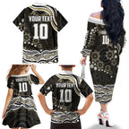 Personalized Collingwood Magpies Football Family Matching Off The Shoulder Long Sleeve Dress and Hawaiian Shirt Aboriginal Dot Art - Dreamtime Football Mascot