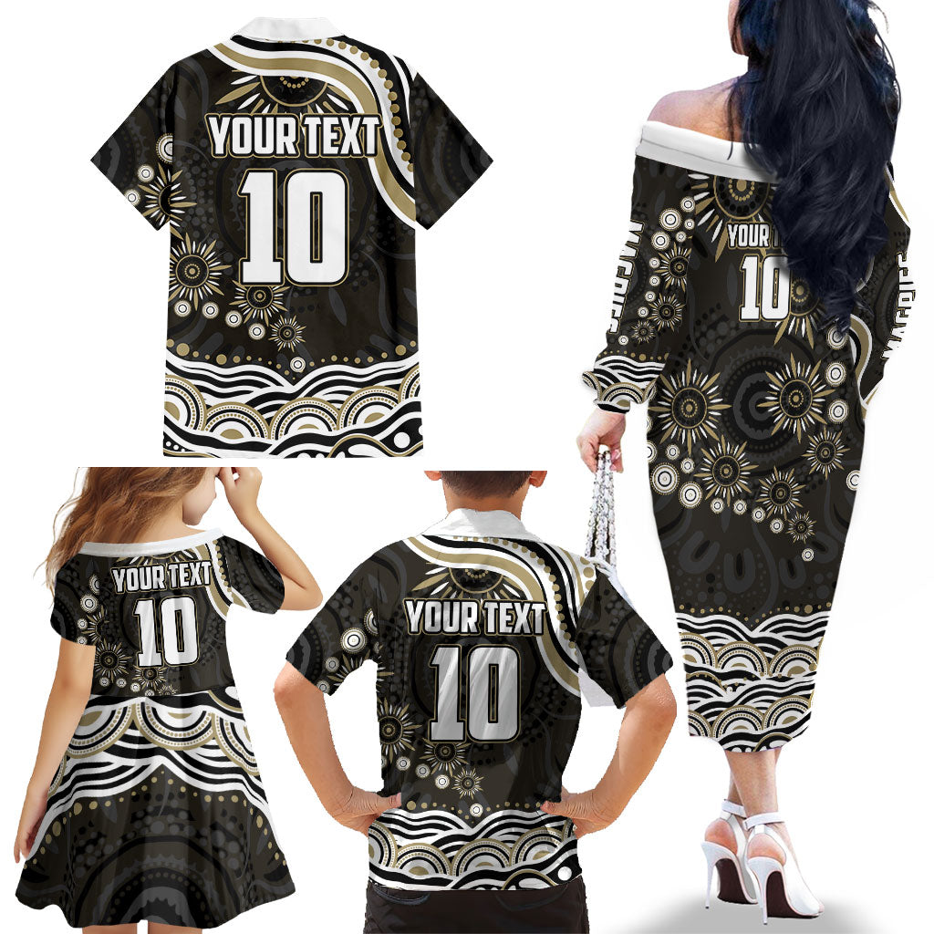 Personalized Collingwood Magpies Football Family Matching Off The Shoulder Long Sleeve Dress and Hawaiian Shirt Aboriginal Dot Art - Dreamtime Football Mascot
