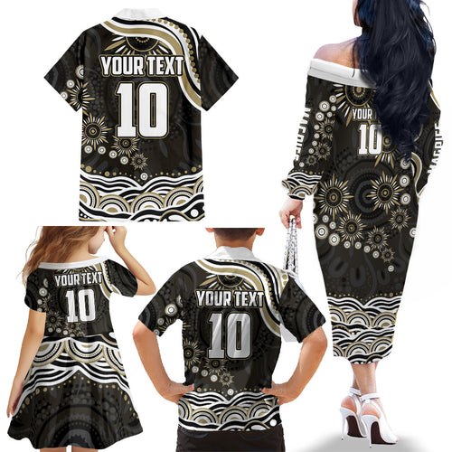 Personalized Collingwood Magpies Football Family Matching Off The Shoulder Long Sleeve Dress and Hawaiian Shirt Aboriginal Dot Art - Dreamtime Football Mascot